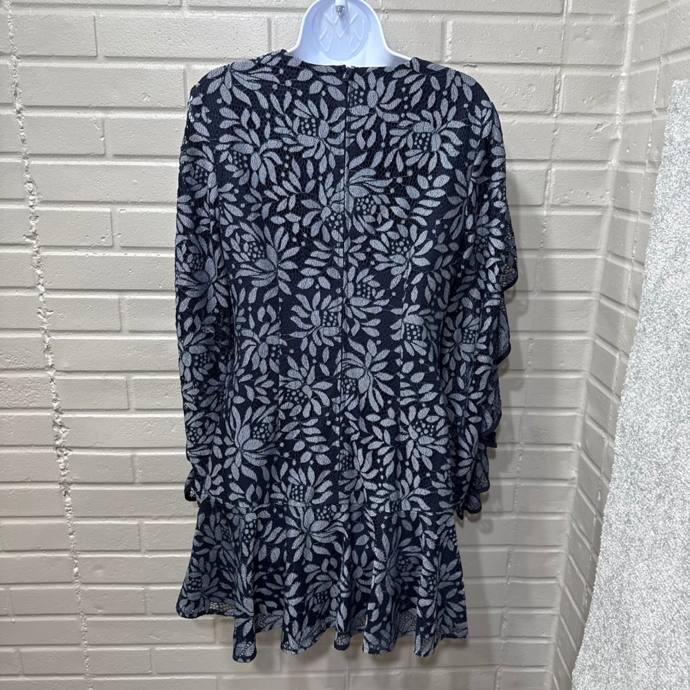 KEEPSAKE Engage Lace Long Sleeve Dress Floral Ruffle Mini Navy Blue Med - Picture 7 of 16
